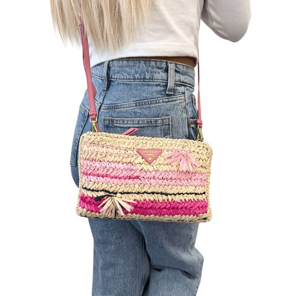 PRADA Vintage Logo Raffia Shoulder Bag Crossbody Zip Pink Cream [105238] - Picture 1 of 13